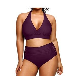 Plus Size Women's Two Piece Halter Bikini Tummy Control Bathing Suit-Maroon 20W
